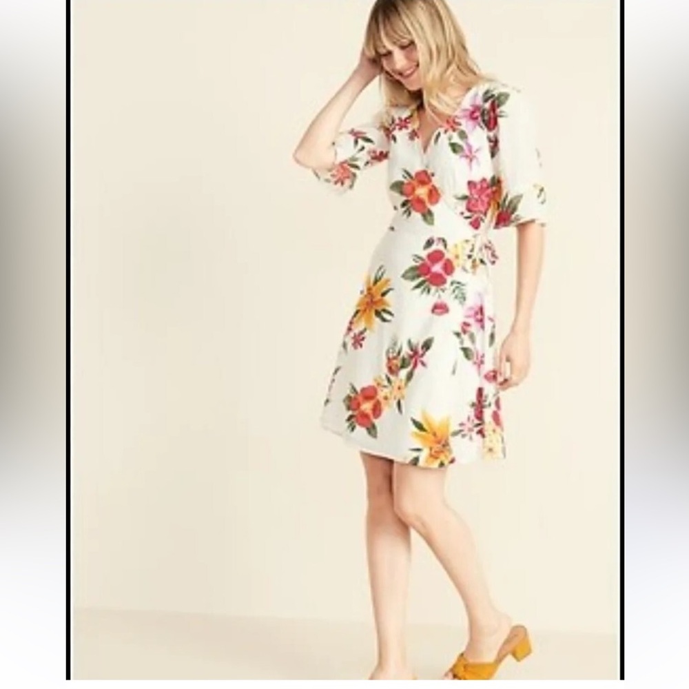 Old Navy Waist Defined Bell Sleeve Faux Wrap Dress Floral Cream
